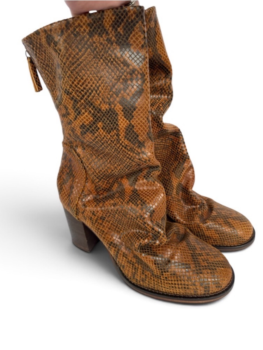 Free People Elle Brown Snake-Print Mid-Calf Slouched Heeled Boots- 41
